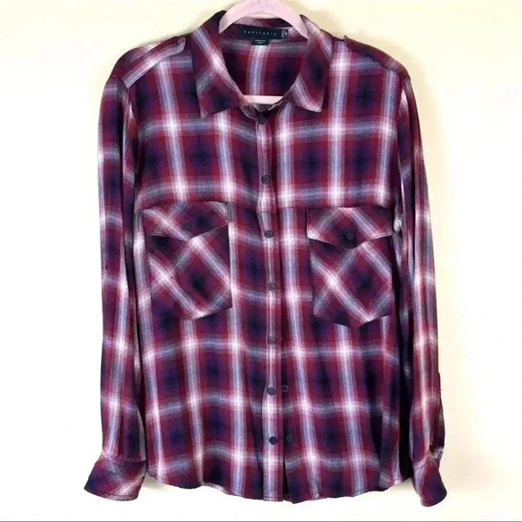 Sanctuary Maroon/White Plaid 100% Rayon Rolled Sleeves Snap Down Shirt Size M - Picture 2 of 16